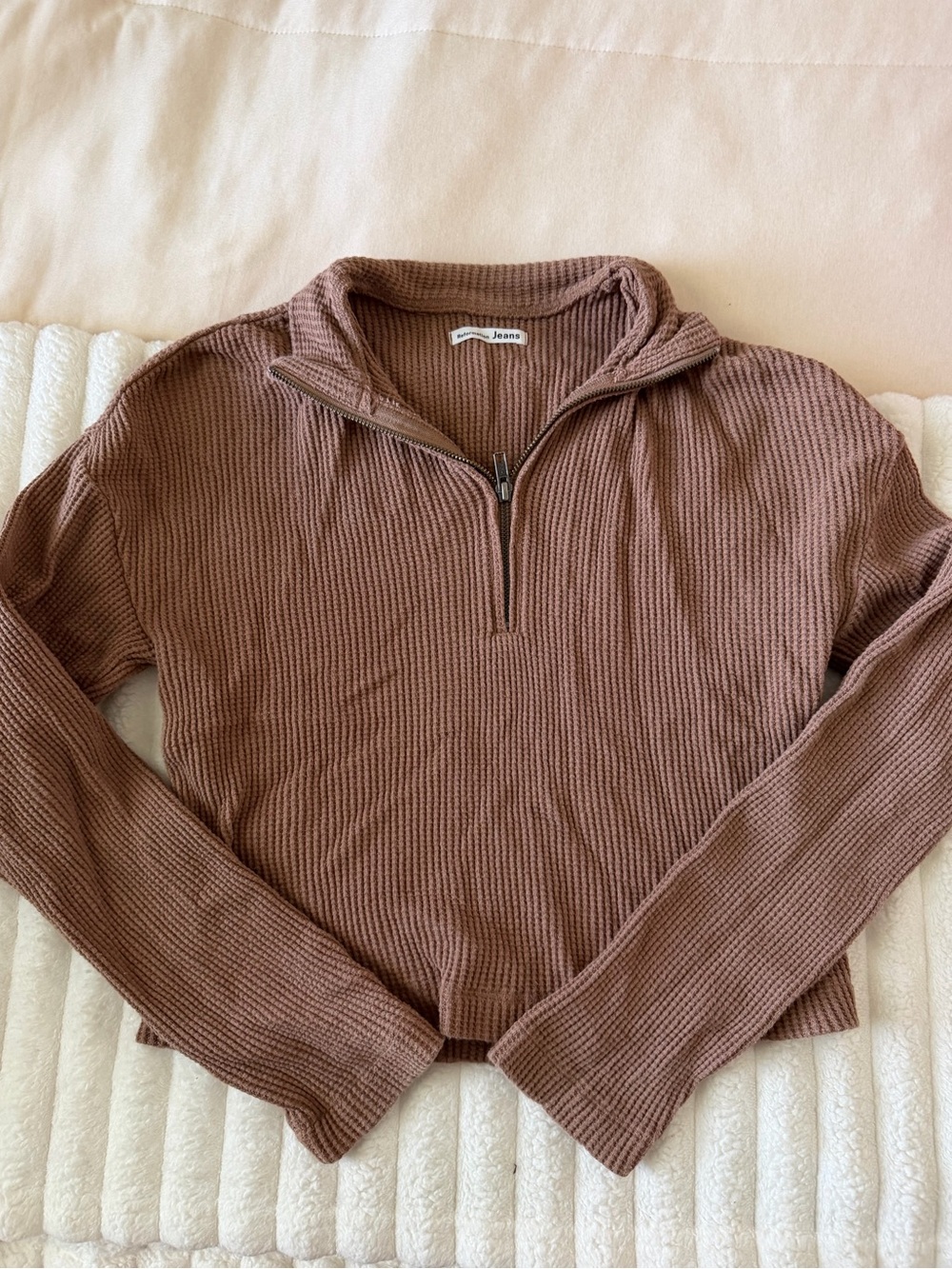Reformation Jeans Half-Zip Ribbed Sweater Top in Mauve Brown